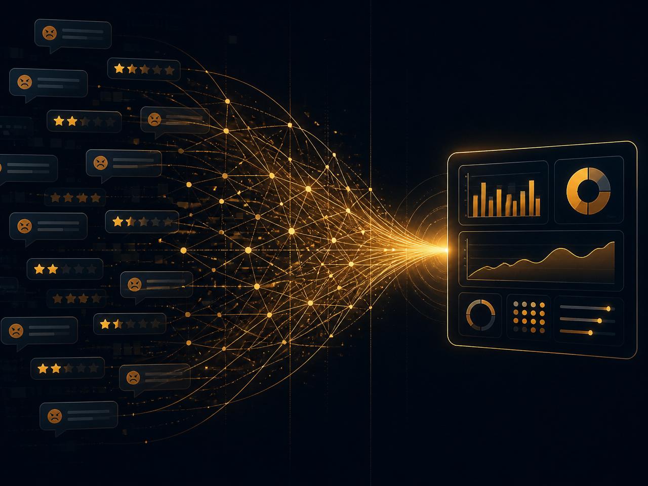 Customer complaints converging through an AI network into an operational dashboard